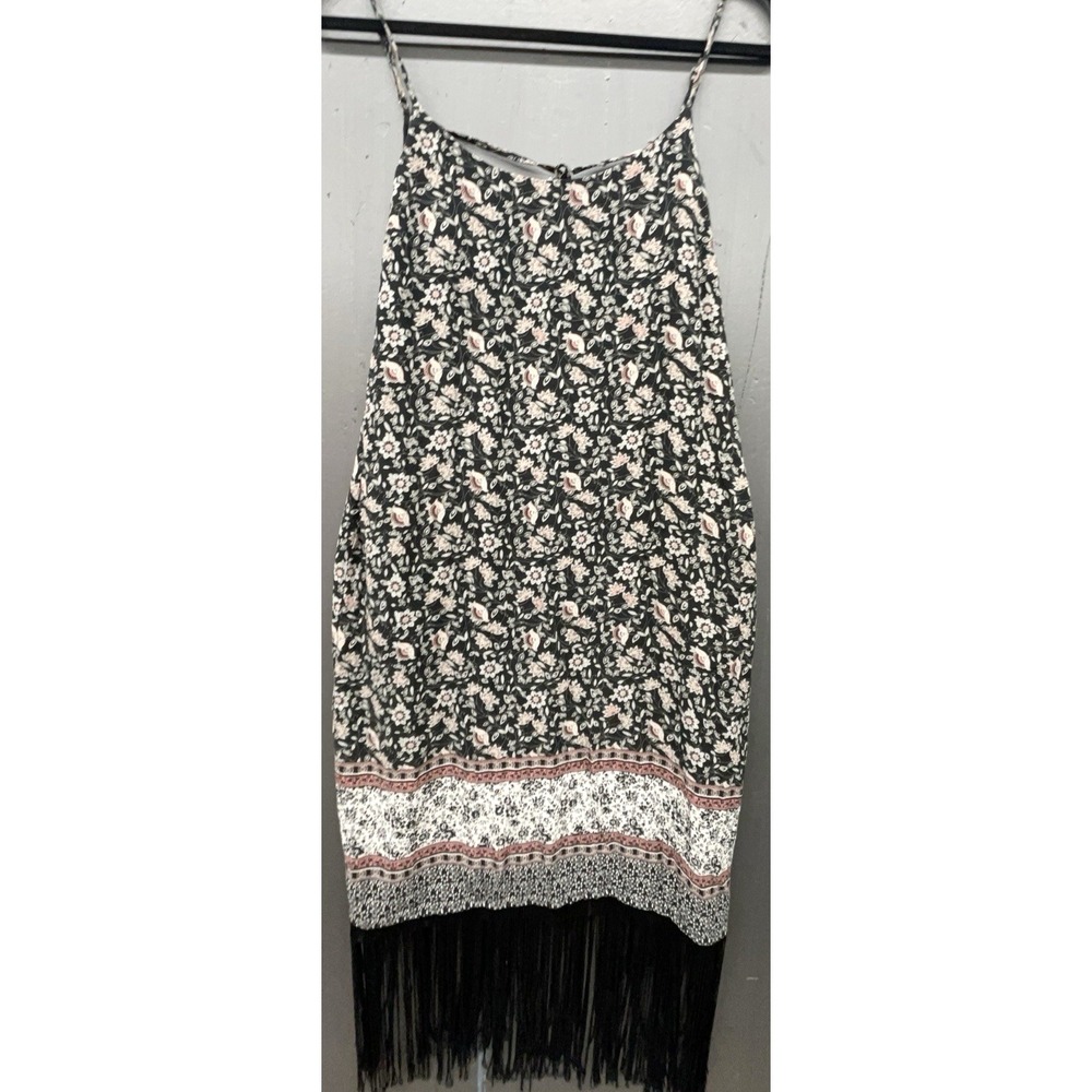 Women Dress M Black Pink Floral Print Fringe Sleeveless Boho Hippie Cottage Y2K
